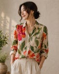 Floral Linen-Look Shirt, Flower Blouse Women Shirt, Casual Shirt, Colorful Botanical Button Down Shirt, Boho Shirt, Wildflowers Women Shirt