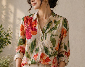 Floral Linen-Look Shirt, Flower Blouse Women Shirt, Casual Shirt, Colorful Botanical Button Down Shirt, Boho Shirt, Wildflowers Women Shirt