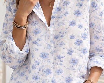 Chemise d'aspect lin à fleurs, chemise femme à fleurs, chemise botanique, chemise nature florale, chemise jardin, chemise amateur de fleurs, cadeaux pour elle