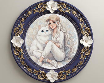 Girl with a white fluffy cat. Cross Stitch Pattern.PDF.XSD.