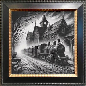 May include: Framed black and white artwork showing a steam train at a gothic railway station. The image features a detailed illustration of the train, station, and surroundings, with a dark, atmospheric style. The frame has a gold inner edge.