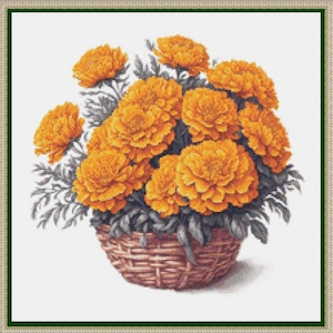 Puede incluir: Un diseño de punto de cruz de una cesta rebosante de vibrantes flores de caléndula naranja. Las flores tienen múltiples capas de pétalos y están rodeadas de follaje gris verdoso. La cesta está tejida con una apariencia marrón texturizada.