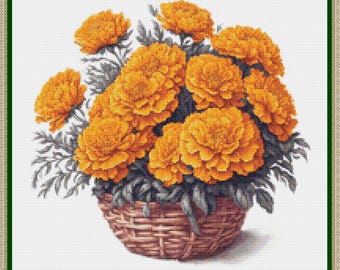 Marigold Flowers Cross Stitch Pattern, Autumn Basket (PDF)