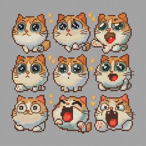 May include: Nine pixelated cat illustrations with different expressions. Each cat has orange and white fur, big eyes, and a small nose. Some cats have open mouths, while others look surprised or happy. The background is a plain grey colour.
