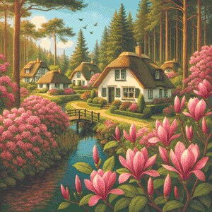 Puede incluir: Pintura de un pueblo pintoresco en un bosque. Cabañas blancas con tejados de paja están rodeadas de exuberante vegetación y arbustos de flores rosas. Un pequeño puente cruza un arroyo.