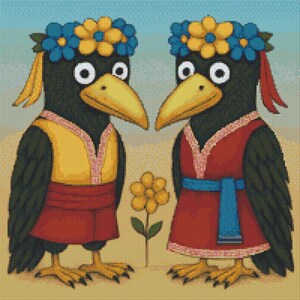 May include: A colourful illustration featuring two crows adorned with flower crowns and traditional attire. One crow is in a yellow vest and red skirt, the other in a red dress with a blue sash. A yellow flower is between them, set against a light brown and blue backdrop.
