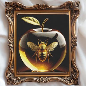 Puede incluir: Una obra de arte enmarcada que presenta una manzana dorada con una abeja en su interior. La abeja tiene alas detalladas y está centrada dentro de la manzana. El marco es ornamentado y dorado, sobre un fondo blanco.