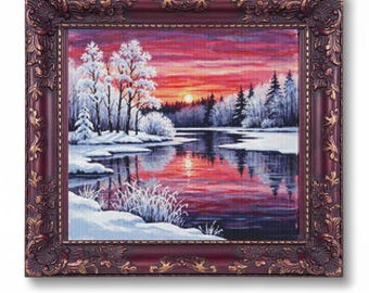 Winter landscape in red colors.Cross Stitch Pattern. PDF. XSD.
