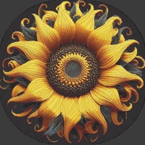 May include: A detailed, pixelated image of a sunflower. The flower features bright yellow petals with brown and orange shading, a dark brown center, and dark green leaves. The background is a dark gray circle.