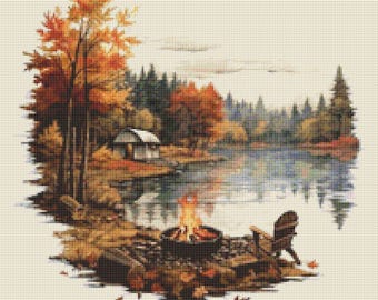 Autumn Lake Cabin Cross Stitch Pattern, Landscape Needlecraft (PDF)