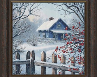 Winter landscape with a house and red berries.Cross Stitch Pattern. PDF. XSD.