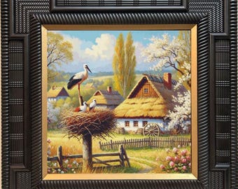 Landscape with a house and storks. Cross Stitch Pattern. PDF. XSD.