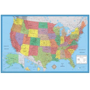 May include: A colorful map of the United States, showing each state in a different color. The map includes the Pacific and Atlantic Oceans, Canada, and the Gulf of Mexico. A compass rose is in the lower center.