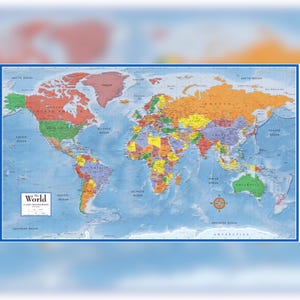 May include: A colorful world map with country borders and ocean names. The map includes the text "World" and "Classic Printed Series". The oceans are labeled, including the Pacific, Atlantic, and Indian Oceans. The map is framed in a blue border.
