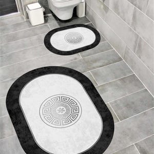 Black and Silver Greek Key Oval Rug Set: Non-Slip Bath Mats Digital Printed Rug