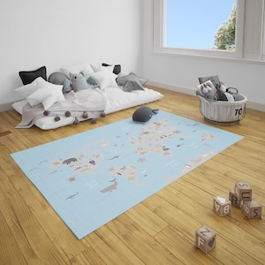 Kids World Map Rug – Educational Playroom Carpet for Boys & Girls | Non-Slip Animal Area Rug in Multiple Sizes | Soft and Washable