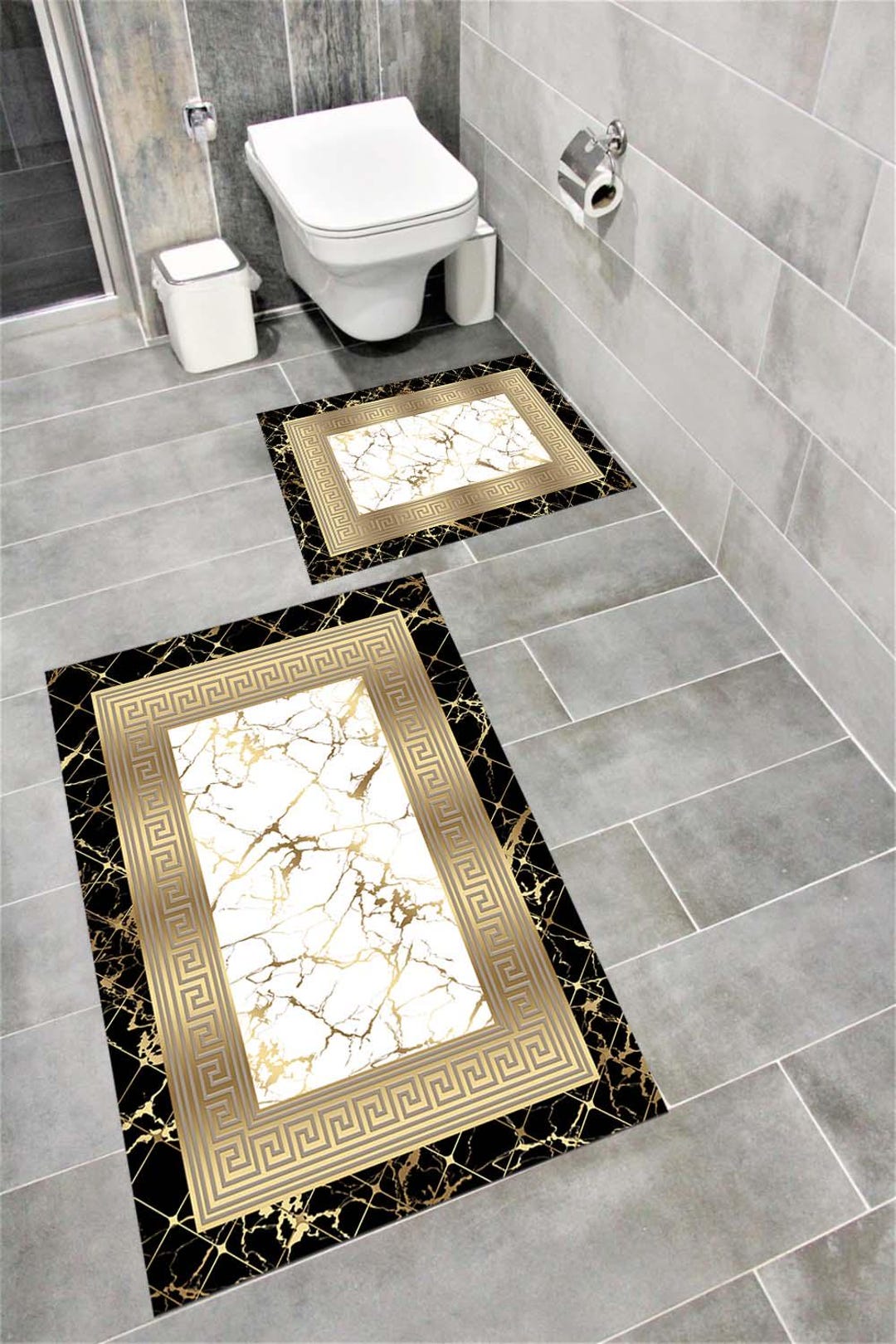 Black and Gold Marble Bath Rug Set: Greek Key Non-slip Polyester ...