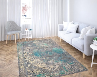 Turquoise and Gray Distressed Rug: Vintage Oriental Style, Custom Size Digital Printed Rug