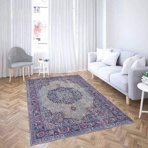 Vintage Blue & Pink Persian Rug | Distressed Bohemian Medallion Rug | Grey and Fuchsia Oriental Style Carpet | Custom Size Home Decor