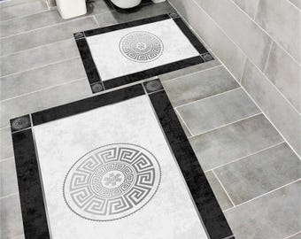 Modern Greek Key Bathroom Rug Set: Silver & Black Non-Slip Bath Mats Digital Printed Rug