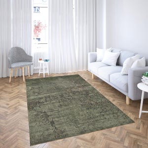 Distressed Sage Green Area Rug | Vintage Look Abstract Pattern Rug | Modern Farmhouse Living Room Carpet | Custom Sizes Available
