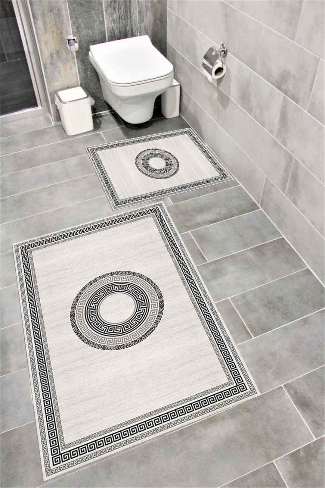 Greek Key Bathroom Rug Set: Black & White Neoclassical Bath Mats ...