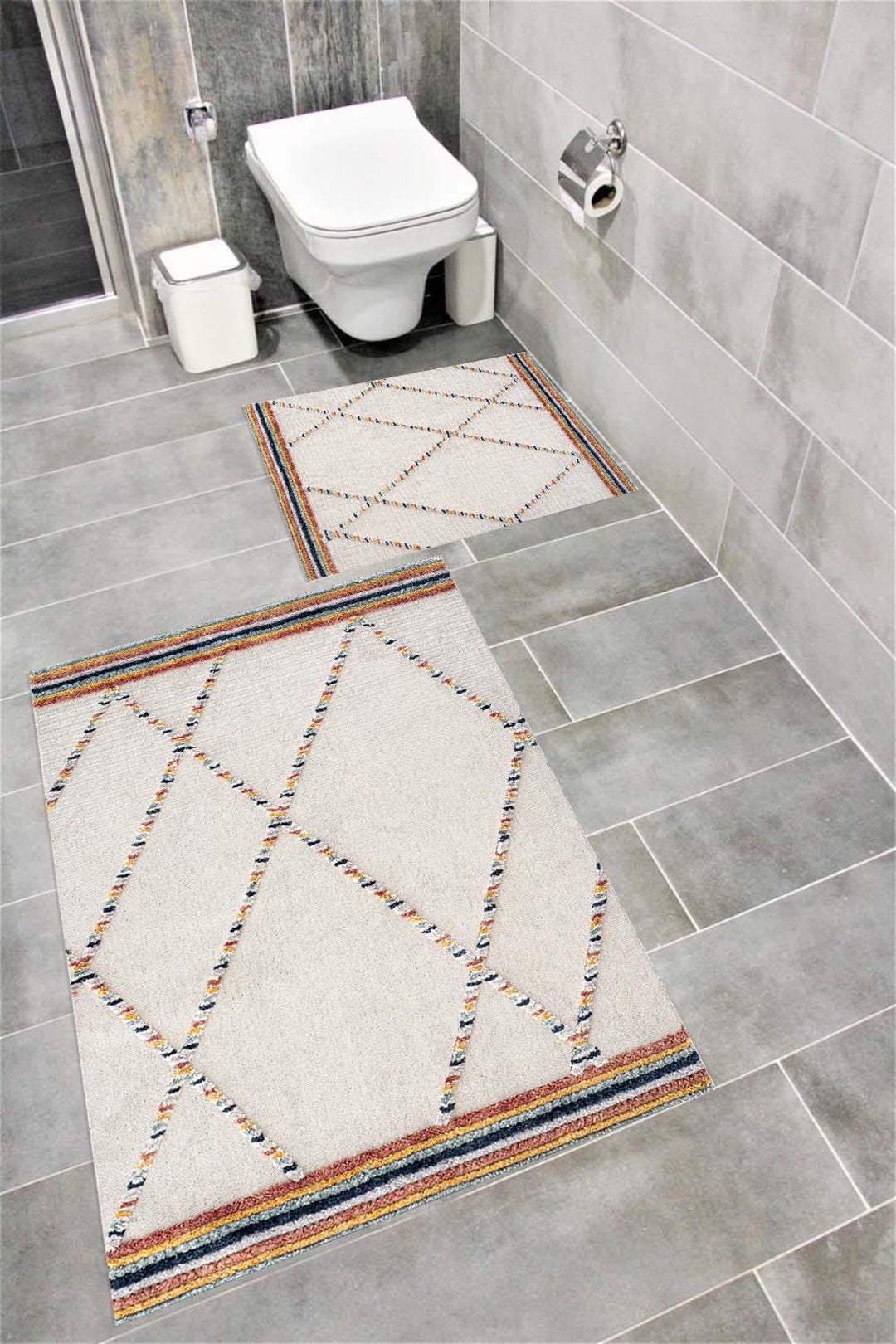 Bohemian Bathroom Rug Set | Modern Geometric Bath Mat | Washable Non ...