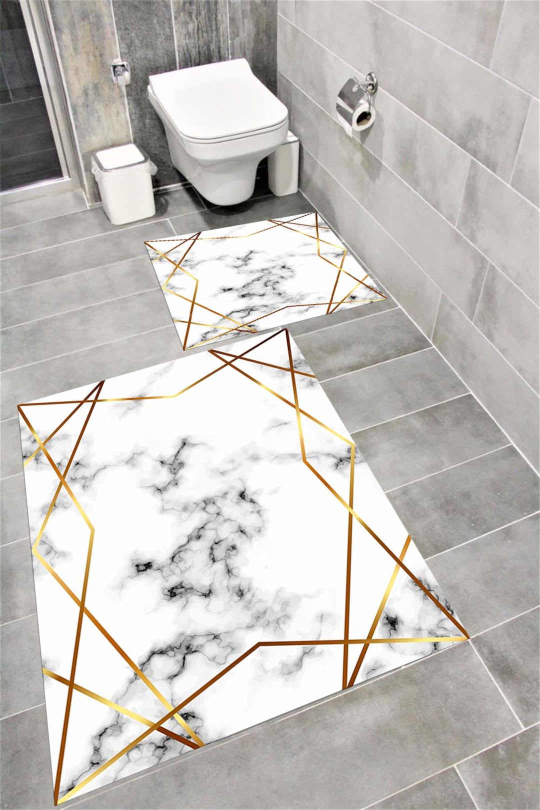 Marble Bathroom Rug Set: Gold Geometric Bath Mats, Non-slip Polyester ...