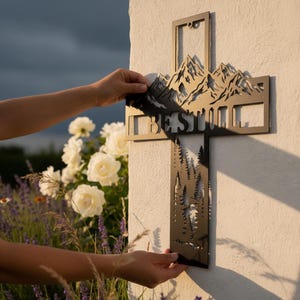 Be Still Metal Cross Wall Art | Mountain Pine Forest Christian Sign | Faith Home Decor | Religious Gift | Psalm 46 Scripture Sign