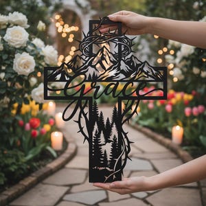 Grace Cross Metal Wall Art | Mountain Pine Forest Crown of Thorns Sign | Christian Home Decor | Faith Wall Art | Religious Gift