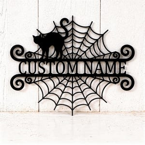 Personalized Halloween Metal Sign, Custom Black Cat Spider Web Wall Art, Scroll Name Plaque, Spooky Front Door Decor, Gift for Witchy Home