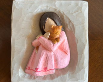 Custom Willow Tree Girl & Cat Plaque. Pastel and Painted to Look Like You and Your Cat. Personalized Horse, Cat, Dog Painted Plaque