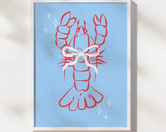 Lobster Line Art-poster: blauwe Beachy afdrukbare muurkunst (digitale download)
