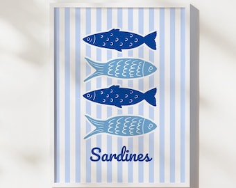 Estampa de Sardinhas Listradas: Arte de Parede Azul com Tema Costeiro para Decoração de Verão (Download Digital)