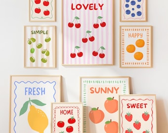 Conjunto de 9 Quadros Decorativos de Frutas: Impressões Coloridas de Alimentos para Decoração de Cozinha (Download Digital)