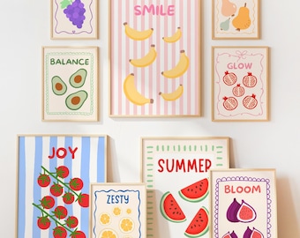 Fruits Gallery Wall Art Set of 9: Colorful Food Prints for Modern Kitchen Decor (Digital Download)