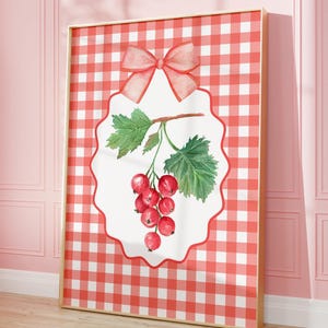 Wild Redcurrants Print: Red Gingham Wall Art for Cottage Kitchen Decor (Digital Download)
