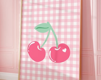Pink Cherry Print: Pink Gingham Cherry Wall Art for Girs Room Decor (Digital Download)