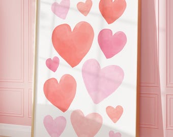 Aquarell-Druck mit Herzen: Rosa Wandbild zum Valentinstag für eine süße, romantische Dekoration (Digitaler Download)