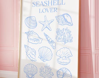 Impressão para Amantes de Conchas: Arte de Parede Costeira Azul para Decoração de Verão (Download Digital)
