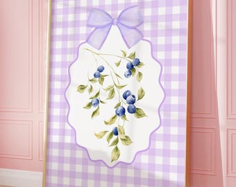 Wild Blueberries Print: Purple Gingham Wall Art for Cottage Kitchen Decor (Digital Download)