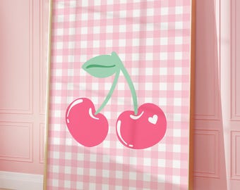 Pink Cherry Print: Fruit Gingham Wall Art for Girly Kitchen Decor (Digital Download)