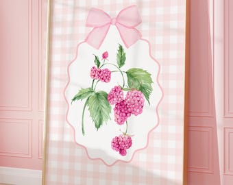 Wild Raspberries Print: Pink Gingham Wall Art for Cottage Kitchen Decor (Digital Download)