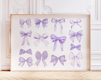 Estampa horizontal com laços roxos: Arte de parede estilo preppy coquette, decoração feminina para quarto (Download digital)