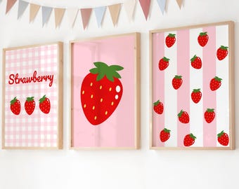 Strawberry Nursery Print Set of 3: Pink Girl Room Decor (Digital Download)