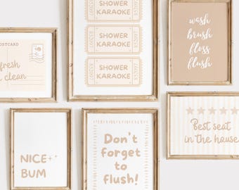 Conjunto de 6 quadros decorativos bege para parede do banheiro: Decoração divertida para banheiro (Download digital)