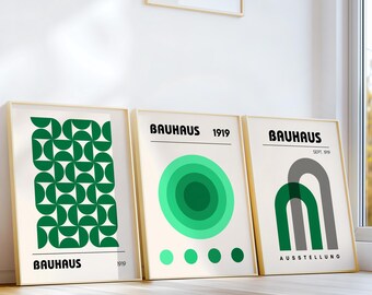 Black & Green Bauhaus Wall Art Set of 3 – Geometric Abstract Gallery Print – Mid Century Modern Posters – Digital Download