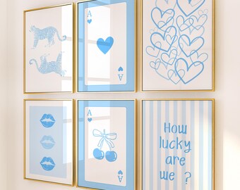 Light Blue Preppy Wall Art Set of 6: Retro Girly Print for Preppy Dorm Room Decor (Digital Download)