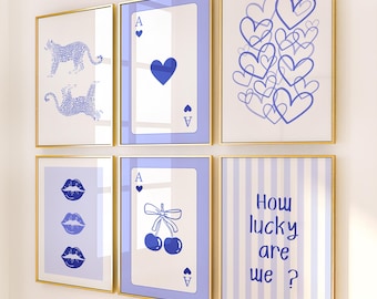 Bold Blue Preppy Wall Art Set of 6: Retro Girly Print for Preppy Dorm Room Decor (Digital Download)