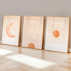 Sun Moon Boho Print Set of 3: Orange Celestial Wall Art for Neutral Boho Decor (Digital Download)